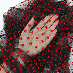 Сітка стрейч з флоком (серця) / колір ЧОРНИЙ / ціна вказана за 0,5 метра сітки