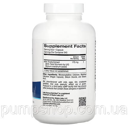 Розторопша для печінки Lake Avenue Nutrition Milk Thistle Extract 175 мг (Силімарин) 240 капс., фото 3