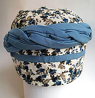 Шапка Чалма Тюрбан платок на голову Бандана женская косами Хлопок весна лето Белая с синим размер 55-57