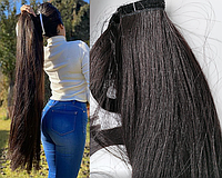Хвост шиньон на ленте липучке с прядью волос длина 80см как натуральные волосы №4 темно-каштановый