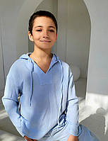 Туніка з капюшоном із мусліну для хлопчика ніжно-блакитний колір натуральна сорочка від сонця