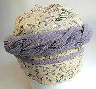 Чалма Тюрбан бандана платок на голову Шапка женская косами Хлопок весна лето Бежевая с фиолетовым цветочный