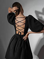 Короткое чёрное летнее платье с открытой спиной на шнуровке, платье с открытым декольте и коротким рукавом