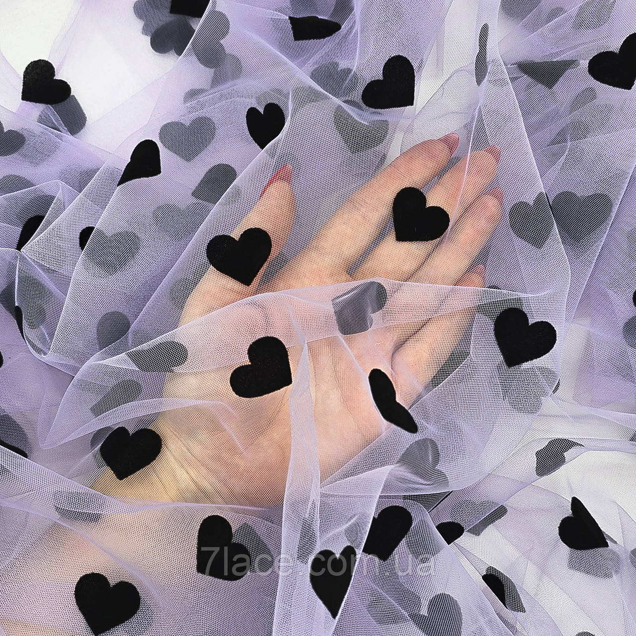 Сітка стрейч з флоком (серце велике) / колір ЛАВАНДА / ціна вказана за 0,5 метра сітки