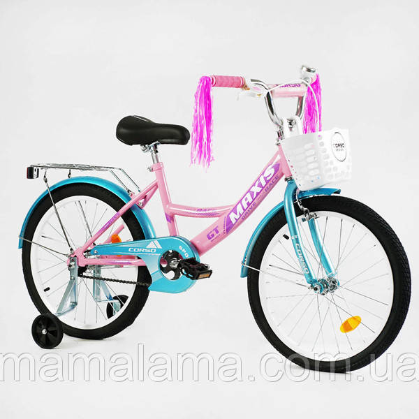 Велосипед для дівчинки зростом 120-140 см, Рожевий, колеса 20 дюймів, кошик, дод. колеса, CL-20211
