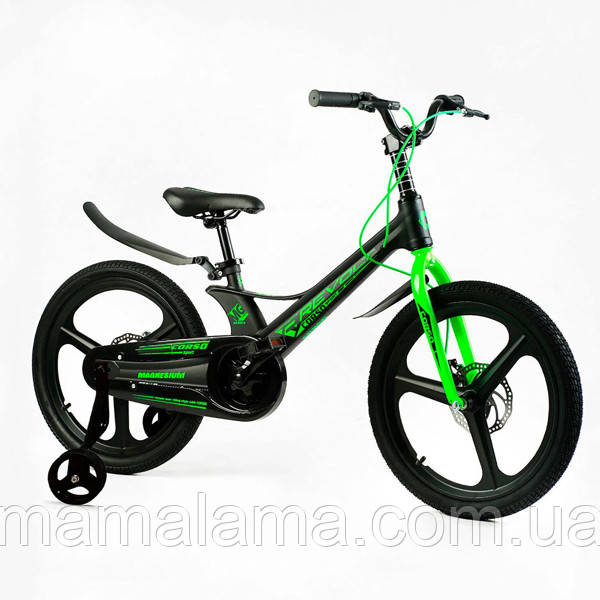 Велосипед на литих дисках 20 дюймів з дод. колесами, для дитини 6-10 років, Чорно-Зелений, магнієвий, MG-20923