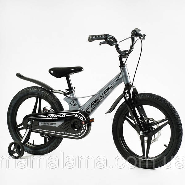 Велосипед на литих дисках 18 дюймів, для дитини 6-8 років зростом 110-140 см, Сірий, дод. колеса, MG-18134