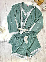 Легкий женский комплект халат топ и шорты Arcan пижама зеленая из полиэстера L