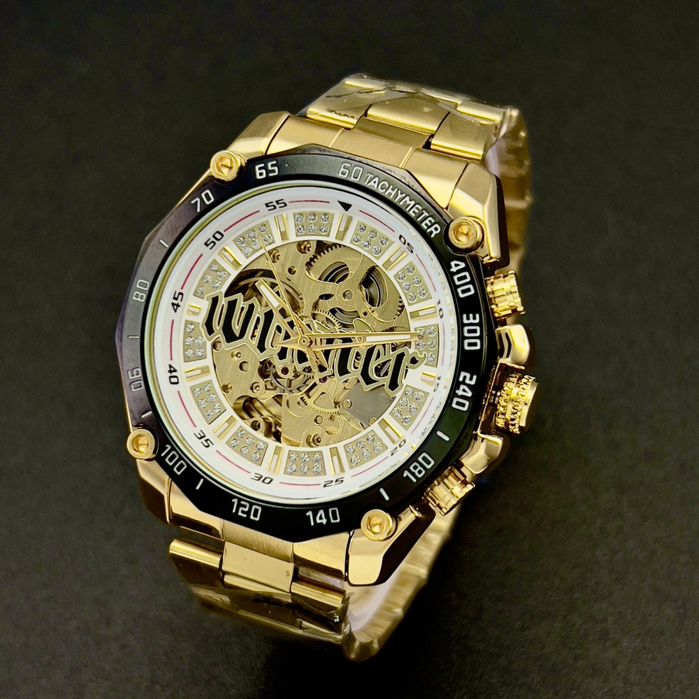 Чоловічий механічний стрілочний наручний годинник скелетон Forsining 8186 gold-white steel з автопідзаводом.