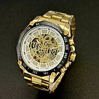 Мужские механические стрелочные наручные часы скелетоны Forsining 8186 gold-white steel с автоподзаводом.