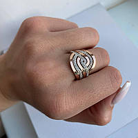 Широкое кольцо серебряное женское с камнями и золотом "Восторг" Стильный перстень серебро 925 пробы