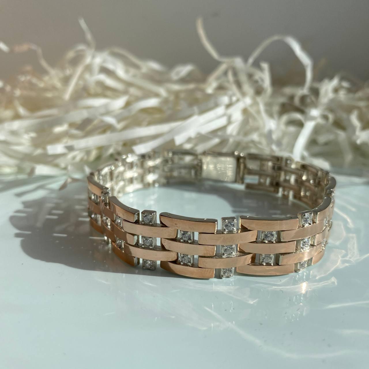 Срібний браслет із золотом і білим цирконом "Шейх" Широкий браслет зі срібла, фото 1