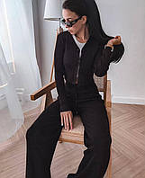 Женский базовый прогулочный костюм плотный рубчик кофта топ на пуговицах и широкие штаны палаццо Турция OS 44/46, Черный