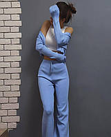 Женский базовый прогулочный костюм плотный рубчик кофта топ на пуговицах и широкие штаны палаццо Турция OS 44/46, Голубой