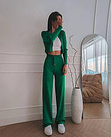 Женский базовый прогулочный костюм плотный рубчик кофта топ на пуговицах и широкие штаны палаццо Турция OS 42/44, Зеленый
