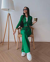Женский базовый прогулочный костюм плотный рубчик кофта топ на пуговицах и широкие штаны палаццо Турция OS 44/46, Зеленый