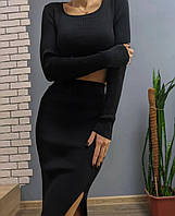 Идеальный весенний женский стильный костюм юбка с разрезом макси и укороченный топ с длинным рукавом рубчик OS