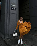 Женское нежное весеннее муслиновое платье макси однотонное с разрезом на ножке с завязками на спине OS 42/44, Горчица