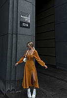 Женское нежное весеннее муслиновое платье макси однотонное с разрезом на ножке с завязками на спине OS 46/48, Горчица