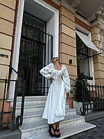 Женское нежное весеннее муслиновое платье макси однотонное с разрезом на ножке с завязками на спине OS 46/48, Белый