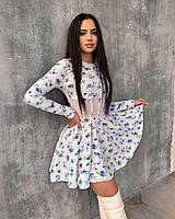 Стильное нежное весеннее женское короткое платье с элементами корсета софт цветочный принт длинный рукав OS 42/44, Белый