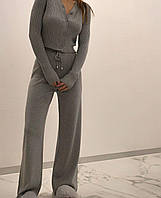 Женский базовый прогулочный костюм плотный рубчик кофта топ на пуговицах и широкие штаны палаццо Турция Серый,