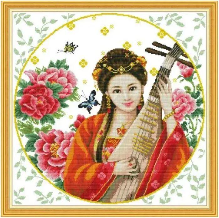 Набір для вишивання за нанесеною на канву схемою "Women Playing Pipa". AIDA 14CT printed, 54*54 см