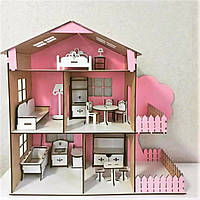 Кукольный ДОМИК трёхэтажный с балконом и мансардой "TREE HOUSE" Окрашен в розовый цвет, МДФ