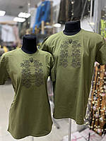 Парні футболки олива з вишивкою "Тризуб Калина"