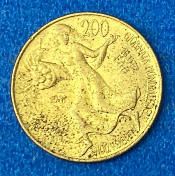 Монета Італії 200 лір 1981 р. 1ФАО - Всесвітній день продовольства, фото 1