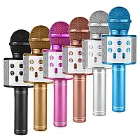 Bluetooth микрофон караоке WS-858 с изменением голоса светящийся, с динамиком (колонкой) и FM тюнером ДТ