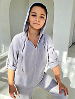 Туника муслиновая детская для отдыха серого цвета натуральная рубашка с капюшоном на лето 152-158