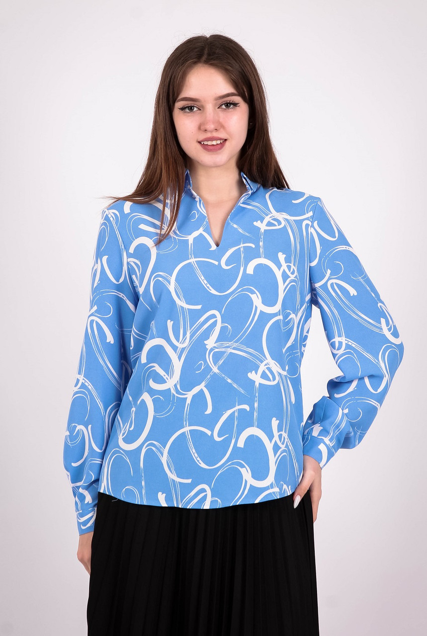 Блузка жіноча блакитна малюнок білі креп Актуаль 053, 48