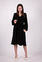 Платье рукав фонарик женское черное модное демисезонное на запах американский креп с поясом по колено Актуаль