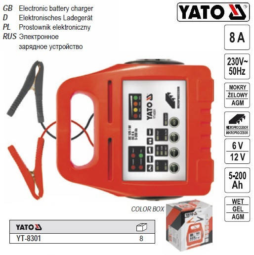 Зарядний пристрій YATO Польща прилад 6/12V 8А 5-200A/h YT-8301