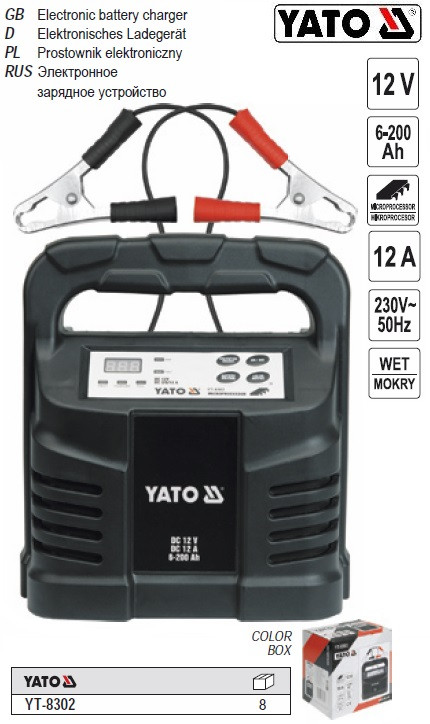 Зарядний пристрій YATO Польща прилад 12V 12А 6-200 A/h YT-8302