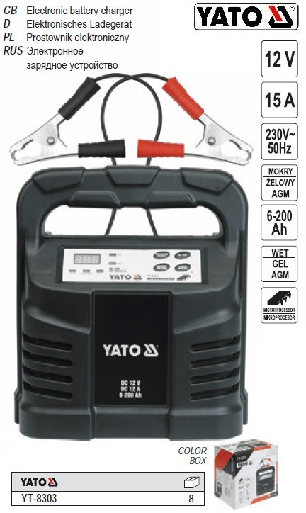 Зарядний пристрій YATO Польща прилад 12V 15А 6-200 A/h YT-8303