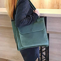 Женская кожаная сумка шоппер, шопер из натуральной кожи зеленая