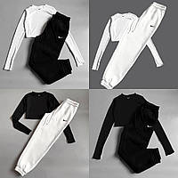 Женский костюм Топ с длиным рукавом + Джоггеры качественная двунитка XS-S, Черно-белый