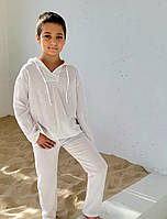 Детский муслиновый пляжный белый костюм для мальчика, туника+штаны, для прогулок и отдыха на природе 152-164