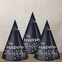 Колпачки праздничные бумажные черные набор с надписью Happy Birthday 15 см 10 шт