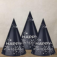 Ковпачки святкові паперові чорні чорні набір із написом Happy Birthday 15 см 10 шт