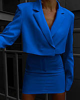 Женский яркий єффектный костюм короткий пиджак + мини юбка, костюмка, электрик, лимон, салатовый Синий, 42/44