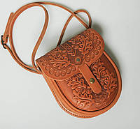 Маленькая кожаная сумка ручной работы "Дубочек", рыжая сумка, сумочка через плечо рыжего цвета