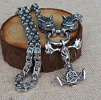 Ожерелье молот Тора с черепом и Волками Одина (металл)