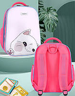 Ортопедичний рюкзак шкільний для дівчинки 1 2 3 клас, каркасний дитячий портфель з котом в школу