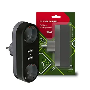 Двійник Euroelectric з заземленням та USB портами чорний EE-2/2USB-16A(black), фото 1