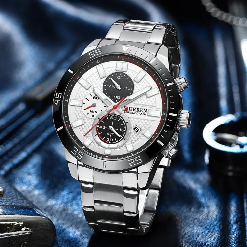 Чоловічий кварцовий наручний годинник з хронографом Curren 8417 Silver-Black