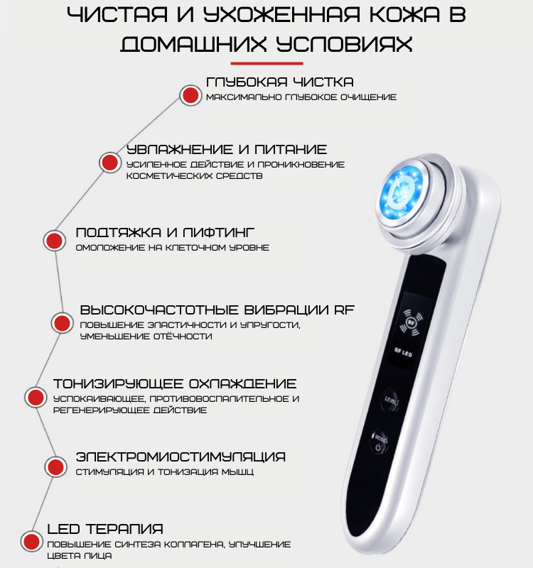 Микротоковый Массажер Для Лица с Функцией RF + EMS + LED Терапия и Охлаждение Белый - фото 3 - id-p1935310881