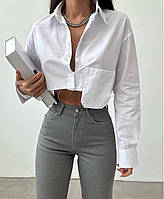 Женская укороченная классическая коттоновая белая оверсайз рубашка.Рубашка-топ с одним карманом.размер 42-46
